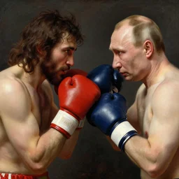 jesus christ boxing with vladimir putin, fist fight, detailed faces, in battle by anders zorn, wonderful masterpiece by greg rutkowski, beautiful cinematic light, by greg manchess, jessica rossier