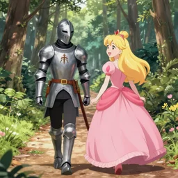 A knight and princess walk down a forest path. The princess looks back at the knight with an energetic smile and attitude. Anime with high quality shading.