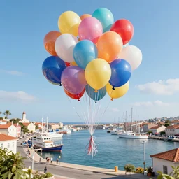 a lot of birthday balloons floating above a beautiful maritime port. digital art. artstation cgsociety masterpiece