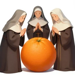 3 medieval nuns are worshipping a giant orange ; detailed illustration ; digital art ; peter elson
