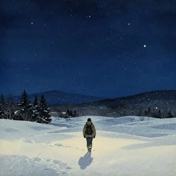 night sky, a lone traveller walks amidst the falling snow, japanese woodblock style