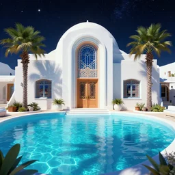 ✈, Art Deco, in SANTORINI island, palm trees, crystal clear neon water, starry night, Trending artstation, octane render, cgsociety, surrealist, cinematic, shadow of the tomb rider