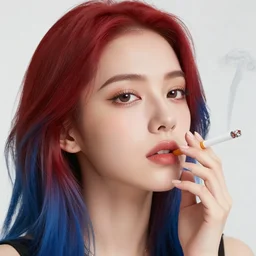 woman with red and blue hair smoking a cigarette, high detail, curious eyes, blended shading, in the style of alphonse mucha and andree wallin and artgerm, artstation, half body portrait