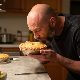 ethan van sciver with a bald head and grey trimmed beard is sniffing a warm baked pie in his kitchen in the middle of the night h 7 0 4