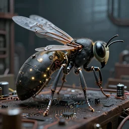 intricate wasp, biopunk cyborg wasp, matte textured plastic shell, hinge pins, titanium, wires, jointed, glowing LEDs, cables, antennae, circuitry, chips, capacitors, dramatic lighting, highly detailed by H.R. Giger and WLOP and Ernst Haeckel, macro photo styled, background urban industrial, octane engine render 8k HDR