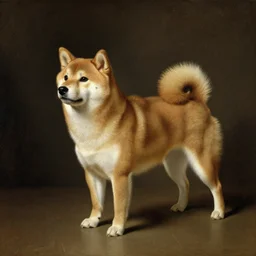 An oil pointing of a shiba inu in the style if Rembrandt, dramatic light