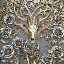 deer skeleton dripping gold + chrome plated roses + gilded paracosm, tree of life in the background, moody, dramatic, transcendent, vibrant color, clean linework, finely detailed, 4 k, trending on artstation, photorealistic, volumetric lighting, octane render