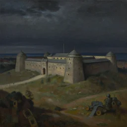 : oil painting by jesper ejsing. composition : long shot ; knee level ; low angle. key words : trending on artstation. scenery : the military fortress of outer heaven ; circa 1 9 9 5. details : at night.