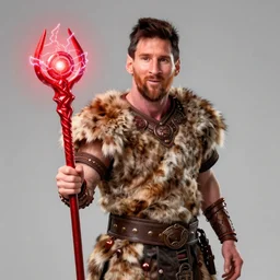 Lionel Messi wearing a fur barbarian tunic holding a glowing red magical wand with electrical bolts emitting from it. In a cave made of ice. Trending on Artstation, octane render, ultra detailed, art by Ross tran