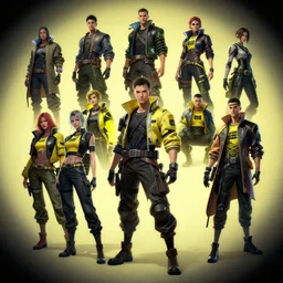 several cyberpunk character designs , Greg Rutkowski, trending on Artstation, 8K, ultra wide angle, pincushion lens effect.