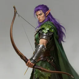 male wood elf, pointy ears, long purple hair, holding a longbow, green leaf cloak, leather armor, metal gauntlets, green eyes. in the style of alan lee and john howe. fantasy. detailed.