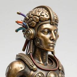 a broncestatue of a dieselpunk aztec futuristic robot head wearing brain sensors with multicolored tubes, 8 k, front shot, symetrical, flourescent colors, halluzinogenic, multicolored, insanely detailed, front shot, 3 d render, octane