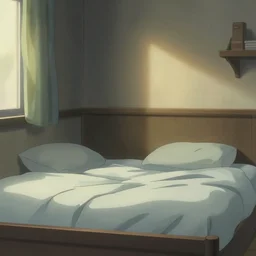 comfortable and empty badroom, diffuse light, a close - up, digital art, illustrations, by makoto shinkai and studio ghibli, look at the front horizontally