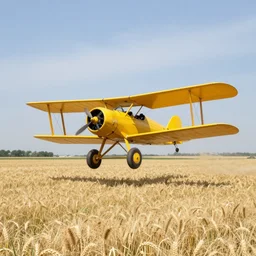 a yellow biplane flying low over a wheat field, by eric ravilious