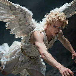 a beautiful handsome fair pale blue eyed blonde male angel falls to sin with evil in his eyes. frantic poses. dynamic pose. lost. despair. epic. surrealism. dramatic lighting. epic cinematic. realistic. highly detailed. wideshot. rhads. bussiere. shigenori soejima.