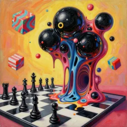an extremely high quality hd surrealism warm painting of 4 d perspective neon complimentary - colors cartoon surrealism melting sculpture composition of zaha hadid biological anatomical blackballs candy illusion by a much more skilled version of kandinskypicasso and salvia dali the fourth, salvador dali's much much much much more talented painter cousin, 8 k, ultra realistic, chess, tunnels, cubes, candy