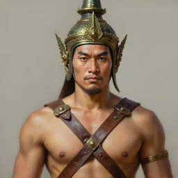 smart tai warlord, closeup portrait, without beard and mustache, historical hero, ethnic group, tai costume, thai transitional bronze headdress, intricate, with leather armor cross on bare chest, elegant, loin cloth, highly detailed, oil painting, artstation, concept art, matte, sharp focus, illustration, hearthstone, art by earl norem