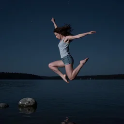 young woman skipping stones on water with starry sky above and dark abyss below, trending on artstation, trending on deviantart, cinematic lighting, high detail, greg rutkowski, 8 k upscaling, by charles vess, anoto finnstark