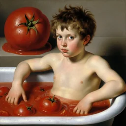 a boy sitting in a tub full of tomato sauce, a big meatball lurking in the background, by giuseppe arcimboldo, renaissance, portrait, fruit, detailed oil paint, high definition