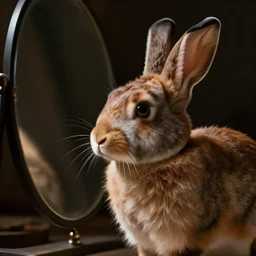 profile portrait of a rabbit looking in a mirror, dark room, top lit