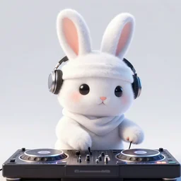 super cute fluffy white bunny rabbit ninja DJing with DJ turntables, photoreal