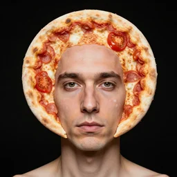 portrait of man with a rare deformational condition making the head flat and circular like a pizza, head looks exactly like a pizza, doughy skin with white pores, blemishes look like tomatoes, soft lighting, sharp focus, highly symmetrical, head and shoulders portrait, black background, masterpiece by eolo perfido