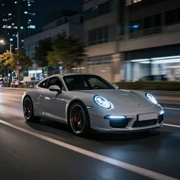 photo of a porsche 911 at night driving fast through a city, cinematic, 4k, long exposure photography