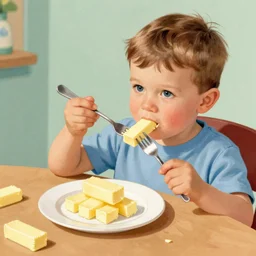 a stick of butter on a fork. boy, 1 2 years old, sitting at the table eating the stick of butter on his fork from a plate with 1 0 sticks of butter in a pile, color illustration 1 9 3 0 s. the boy is facing the viewer.