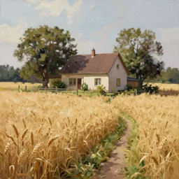 a realistic digital oil painting of a house in the middle of a wheat field with a fence and trees surrounding it, pathway in the field, digital art, trending on artstation, detailed
