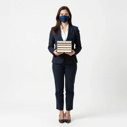 masked teacher with books, studio photography, full body, standing, isolated on a pure white background, centered, whole figure in frame, sharp focus, studio lighting