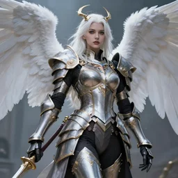 a ruthless beautiful woman archangel white hair back armor paladin, 8 k, hyperrealistic, dragon slayer, hyperdetailed, fantasy portrait by laura sava