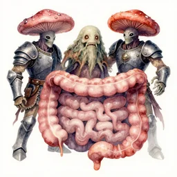 watercolor bejeweled & armored filth fungus grotesques battling in rugated intestine by richard corben, boris vallejo, bernie wrightson, ian miller, & albrecht durer, fine art masterpiece baked at 3 0 0 f, matte painting, backlit dystopian lighting, photorealistic render, cinematic,