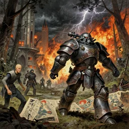 runs away from men on the city and forest, composition gothic and futuristic, warhammer, cyber japan armor, more scars, fire storm, thunderstorm, the middle ages, highly detailed, artstation, moebius, jugendstil and classic japanese print, art rene magritte and tyler edlin