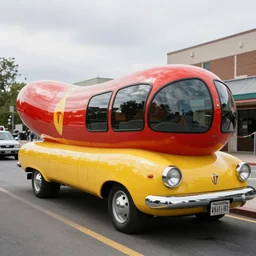 very weird, very wrong concept of the Oscar Mayer Wienermobile on the street, photograph
