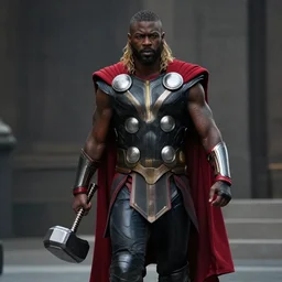 A badass photo of black thor holding thor hammer weapon walking in a black thor movie, hyper detailed, award winning photography, perfect faces