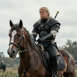 donald trump riding a warrior horse as geralt of rivia from the witcher movie, dramatic film still, details, sigma 7 5 mm, 4 k