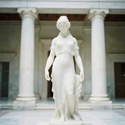 a complete translucent marble statue of a young woman wearing an billowing dress, inside a white marble temple with colums, in the style of irakli nadar, soft lighting, film photography, high detail