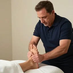steve carell is doing tender foot massage for someone to get relief for joints he has shirt on, masseur is a professional, he using extra pleasant and relaxing technique
