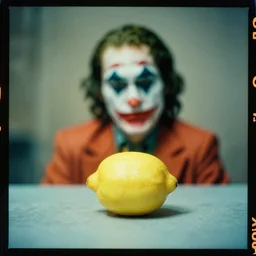kodak portra 4 0 0, wetplate, 8 k, shot of a highly detailed, britt marling style, colour still - life portrait of a lemon looks like 1 9 9 9 joker, motion blur, teal and orange, muted coloures