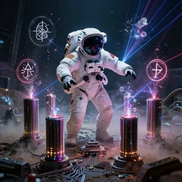 vampire astronaut performing ritual magic with tesla coils and sigils, technology and magick, circuitry and sigils combined, photorealistic, royo, frazetta, leds, dust, laser light, crystalline shimmers, chaos, complexity, emergence,