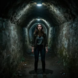 woman explores branching tunnels, fear and misery, future, cinematic