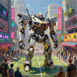 market in japan, cyberpunk style, big mecha - bot in center of field on first plan, bright neon signs, sunny weather, tim hildebrandt, wayne barlowe, bruce pennington, donato giancola, larry elmore, oil on canvas, masterpiece, trending on artstation, featured on pixiv, cinematic composition, hyper - detailed, hd, hdr, 4 k, 8 k