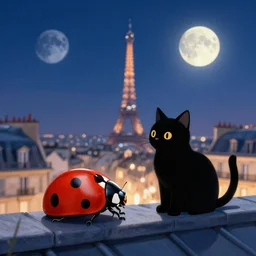 Ladybug and Cat Noir dreamy Paris rooftop moonscape