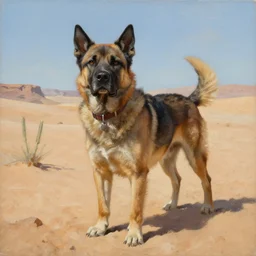 peter elson painting of a rough and tough anthropomorphic dog in a desert