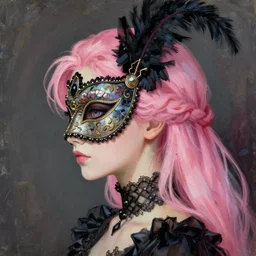 anime masquerade vogue, intricate oil painting by greg rutkowski, trending on artstation, side profile, pink hair