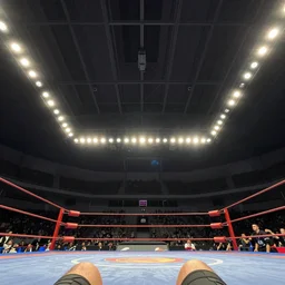 wrestling arena first person view low angle from below looking up to the roof