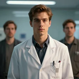 a cinematic shot of young man wearing a lab coat, face, handsome, octane render, volumetric lighting, nvidia raytracing demo, by Andy Thomas, Mario Martinez, Daniel Mirante, Gustave Dore, Artstation, CGsociety, masterpiece