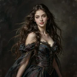 portrait of a young female wizard in flowing sensual dress, long flowing hair, delicate, looking at camera, slightly smiling, realistic face, stylish, elegant, grimdark fantasy, extremely detailed painting inspired by Gerald Brom and Simon Stalenhag, studio lighting