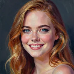 Emma Stone, smooth painting, art, detailed, colorful, smiling, beautiful hair, deep look, intense atmosphere