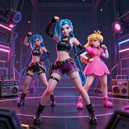 a girl like (jinx, Princess peach), dancing, background jet ground radio, kpop, fullshot, raytrayced, octane render,volumetric lighting, epic composition, intricate details, dark neon punk, by KDA